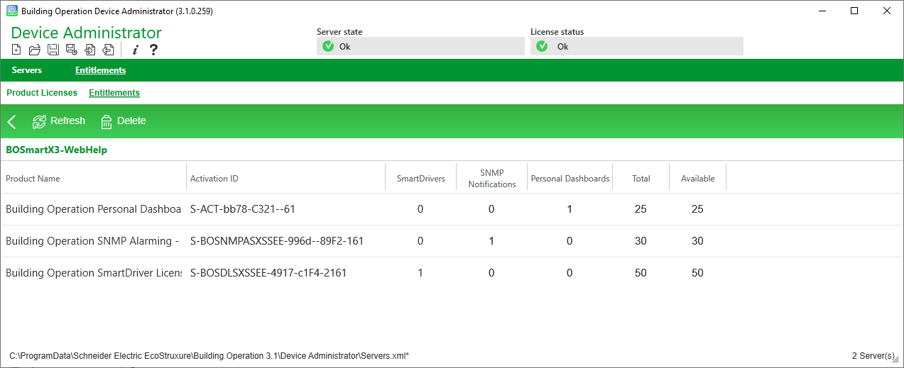 Entitlements Contents view
