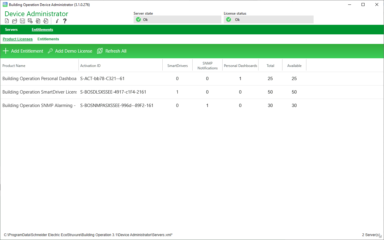 Entitlements Product Licenses view 
