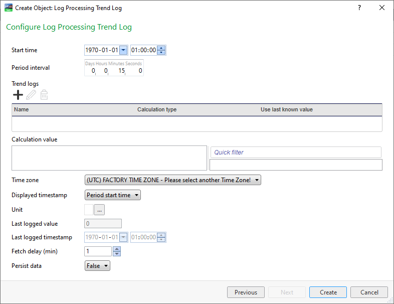 Log Processing Trend Log dialog box 
