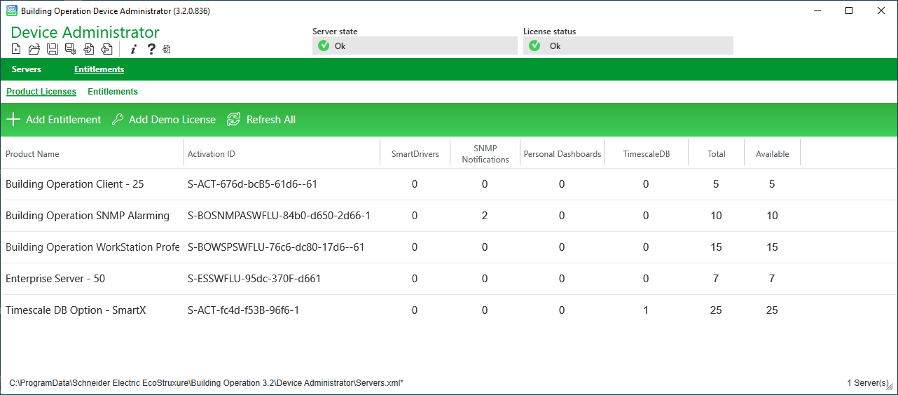 Entitlements Product Licenses view 
