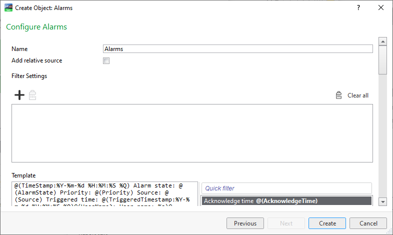 Configure Alarms page
