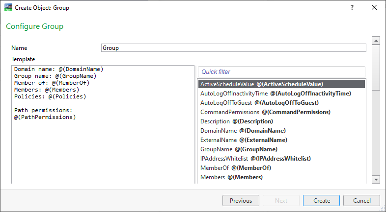 Configure Groups page
