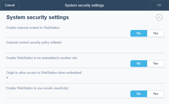 System Security Settings – Dialog Box