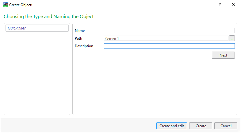 Create object dialog