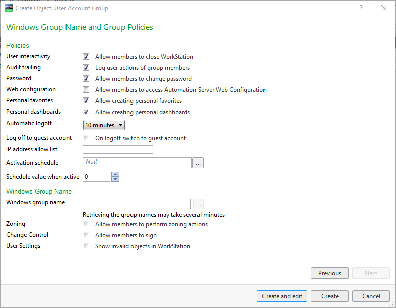 Windows group name and group policies page
