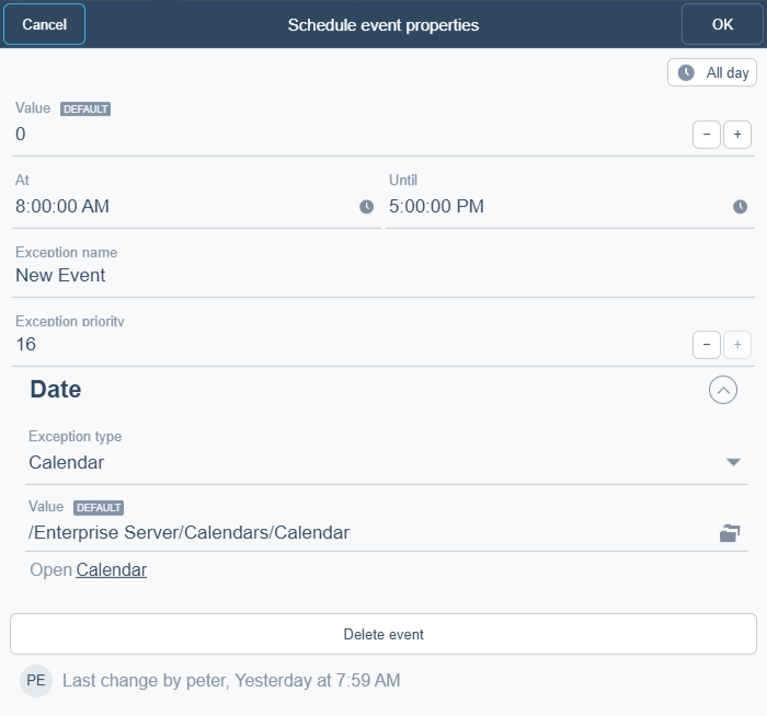 Schedule event properties dialog box – Calendar reference view
