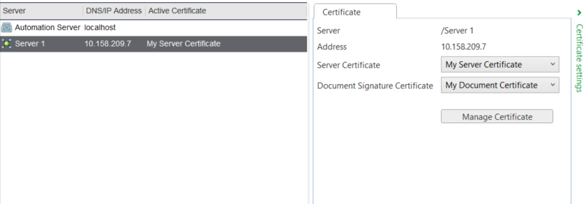 Certificates tab
