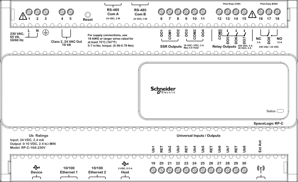 Screw terminals and other connectors, RP-C-16A (hardware version 10 and later)