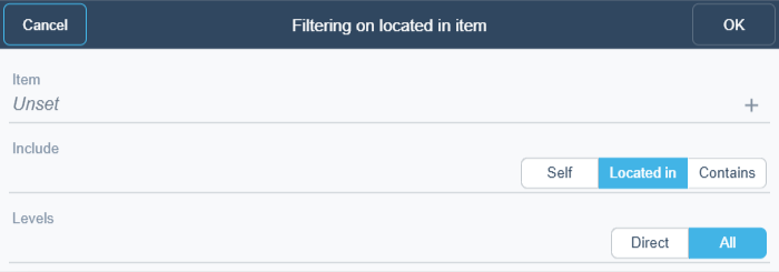 Filtering on located on item dialog box
