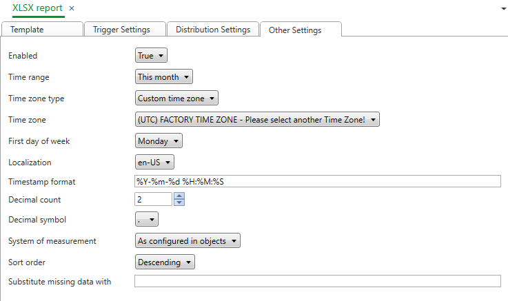 XLSX Report Other Settings Tab 
