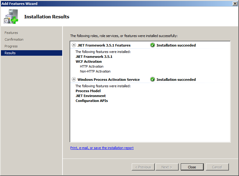 Window roles and features - successful installation page
