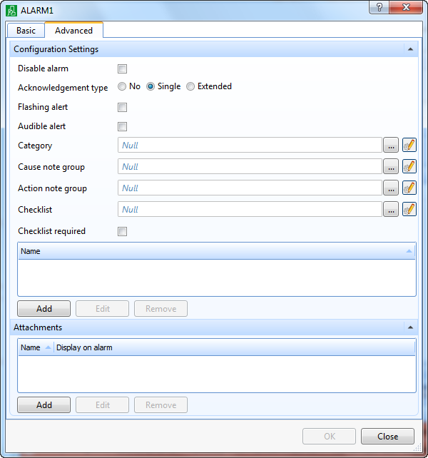 Function Block Program Internal Alarm Properties - Advanced Tab