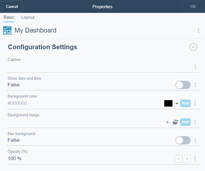 Dashboard Properties – Basic tab
