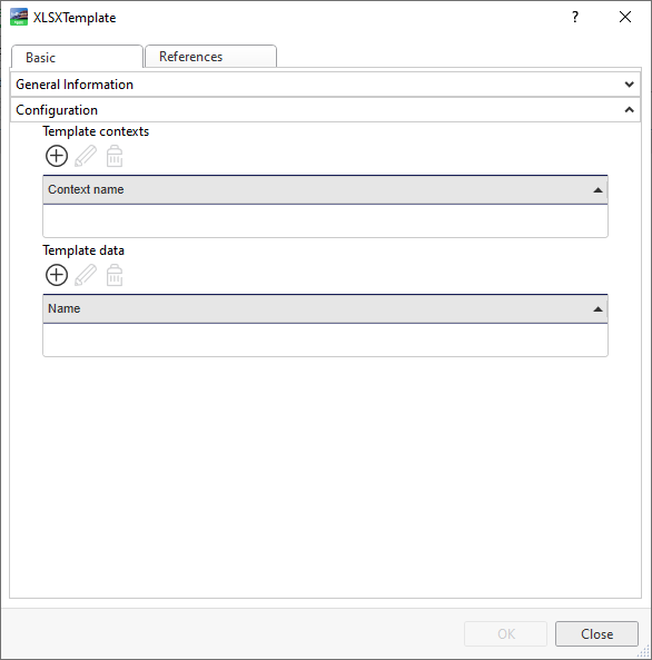 XLSX Template Dialog Box – Basic tab
