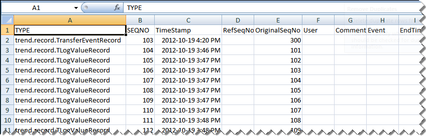 Archive data displayed in a spreadsheet editor
