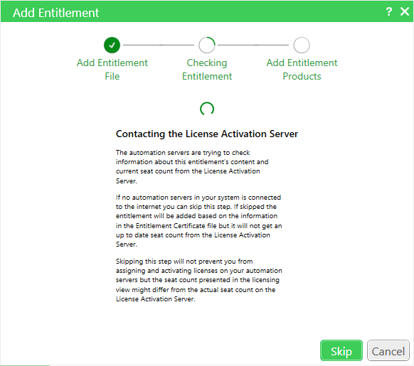 Contacting License Activation Server dialog box 
