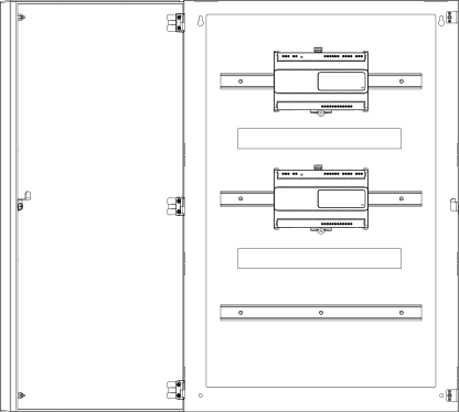 RP-IO modules installed on horizontal DIN rails in a cabinet
