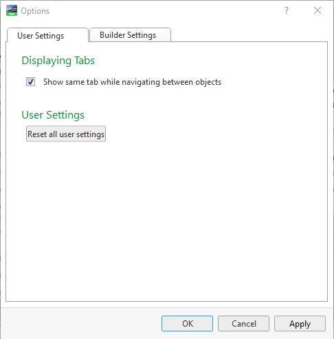 Options dialog box – user settings
