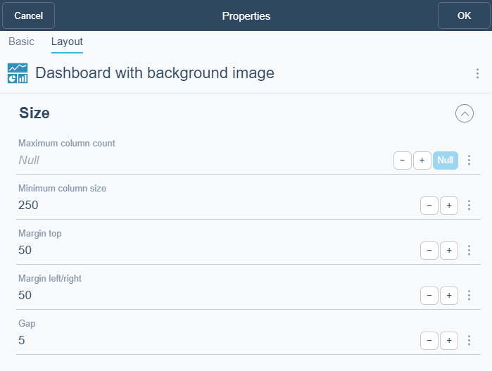 Dashboard Properties – Layout tab
