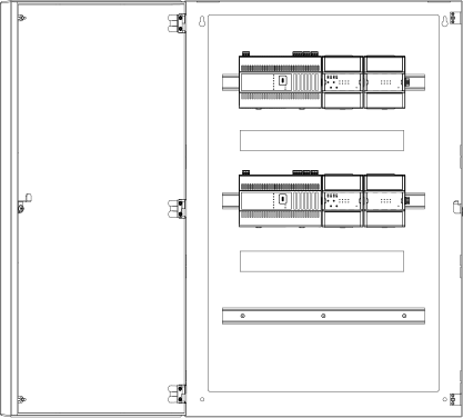  AS-P-3 servers with connected Central IO modules installed on horizontal DIN rails in a cabinet
