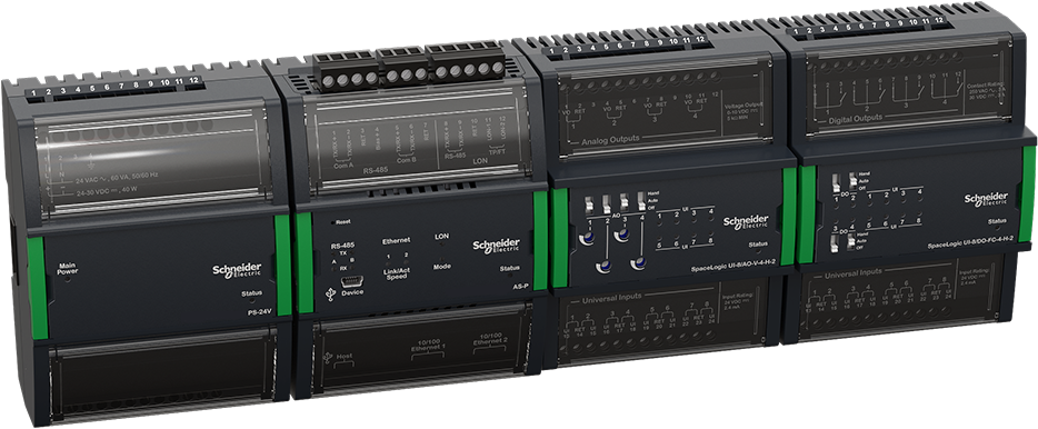 SpaceLogic devices: a power supply, an automation server, and two Central IO modules
