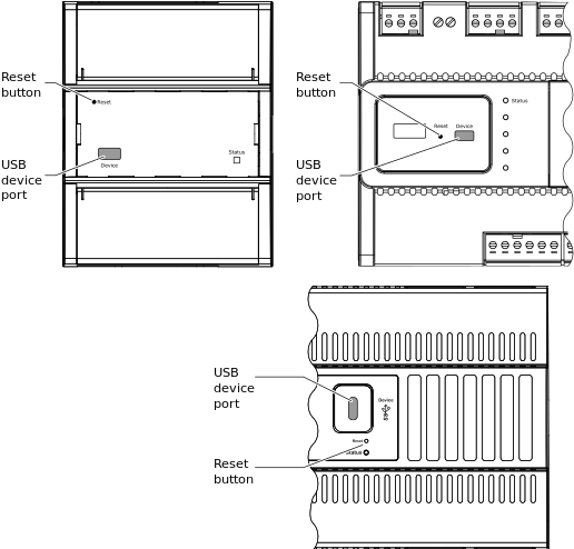 Location of reset button and USB device port on different automation server models
