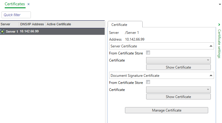 Certificates tab
