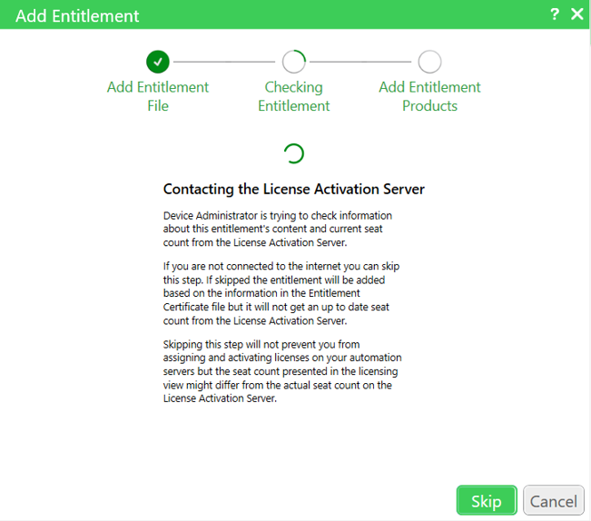 Contacting License Activation Server dialog box 
